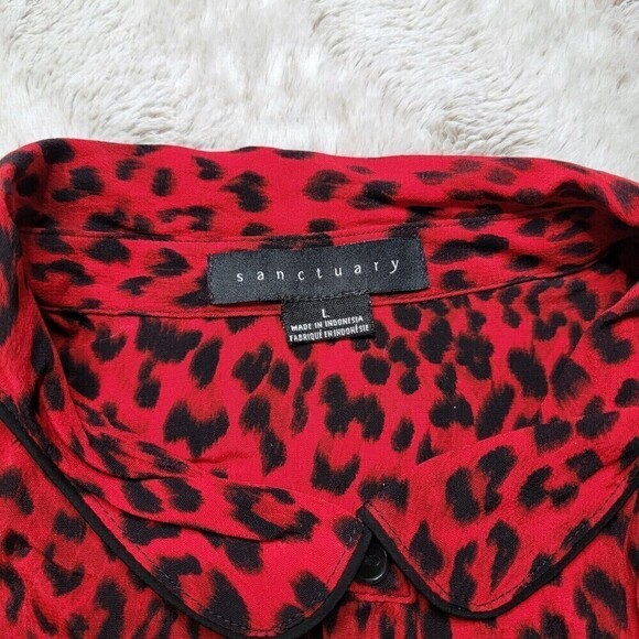 Sanctuary Red Cheetah Leopard Print Button Up Blouse Long Sleeve Size L - Picture 8 of 11